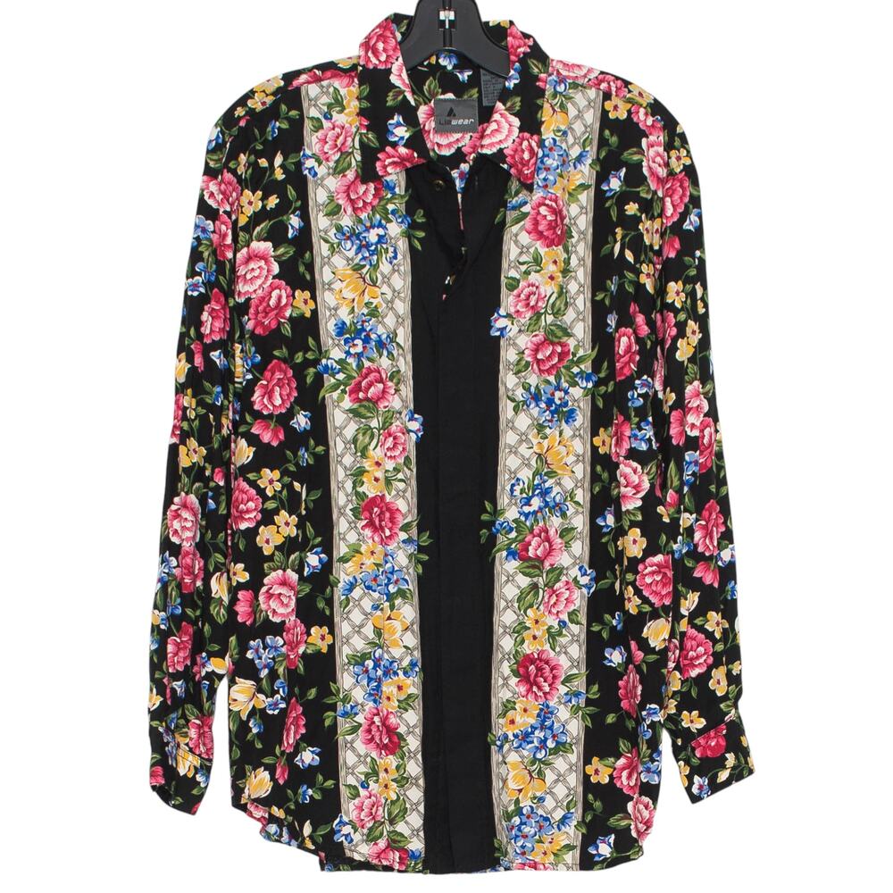 Vintage 90s Button Up Top Dark Floral Black M Cottagecore Patchwork Grandma Boho